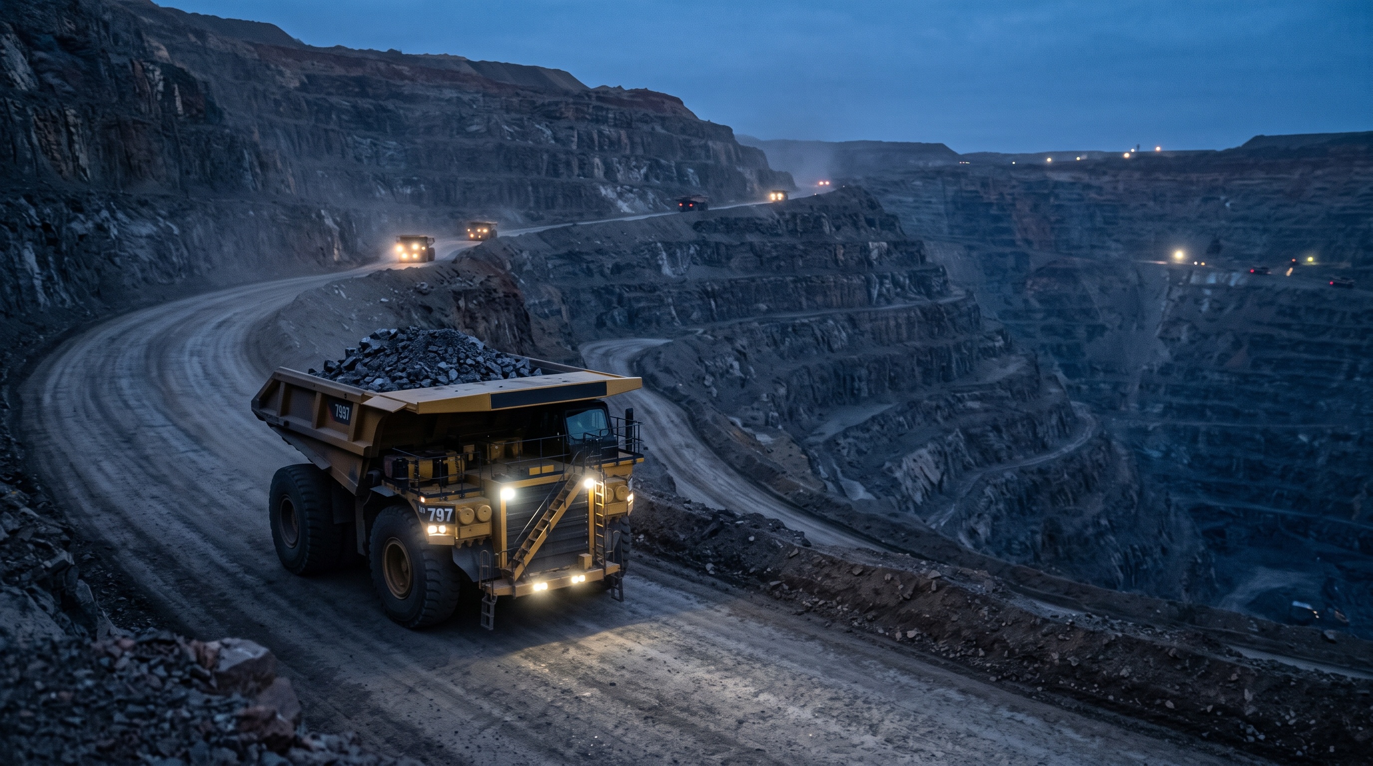 Haul truck on the ramp of an open pit mine at dusk